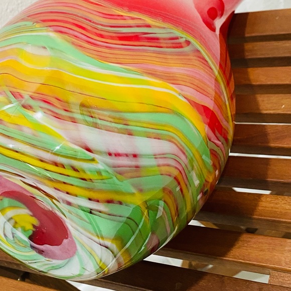 Vintage Murano Red Yellow & Green Art Glass Bottle Vase. Lizarri Glass Signature - Picture 7 of 11